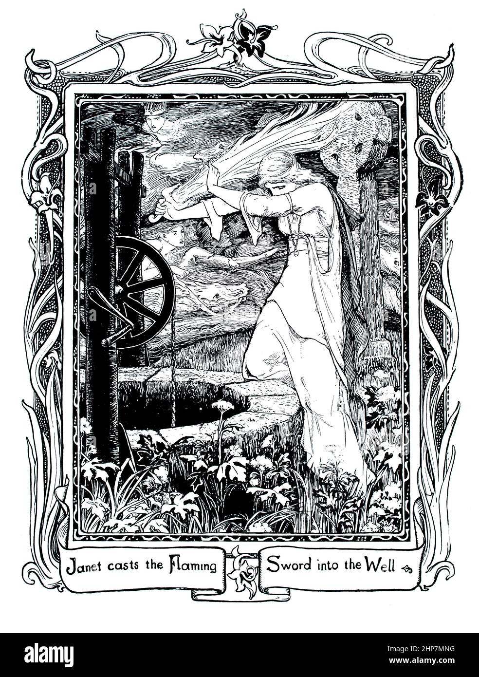 Janet wirft das flammende Schwert in den Brunnen,1890 Fantasy-Illustration, von John D Batten, aus englischen Märchen, gesammelt von Joseph Jacobs Stockfoto