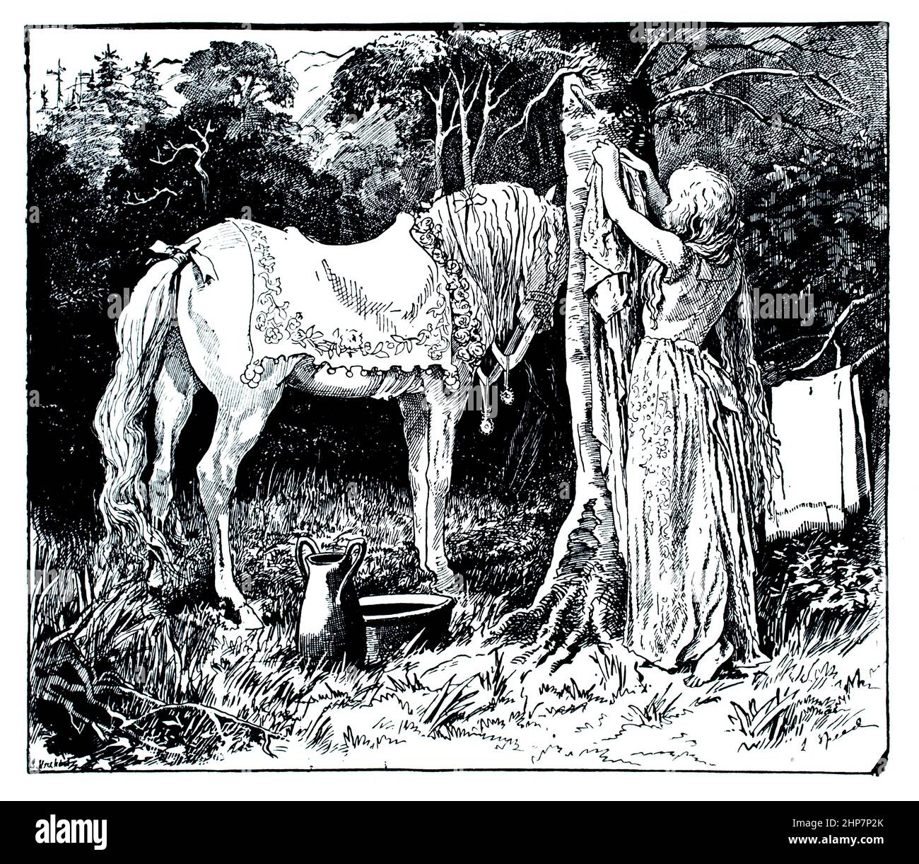 Frau und Pferd, die in Wäldern leben, 1890 Illustration von Lancelot Speed: Aus dem Roten Buch Stockfoto