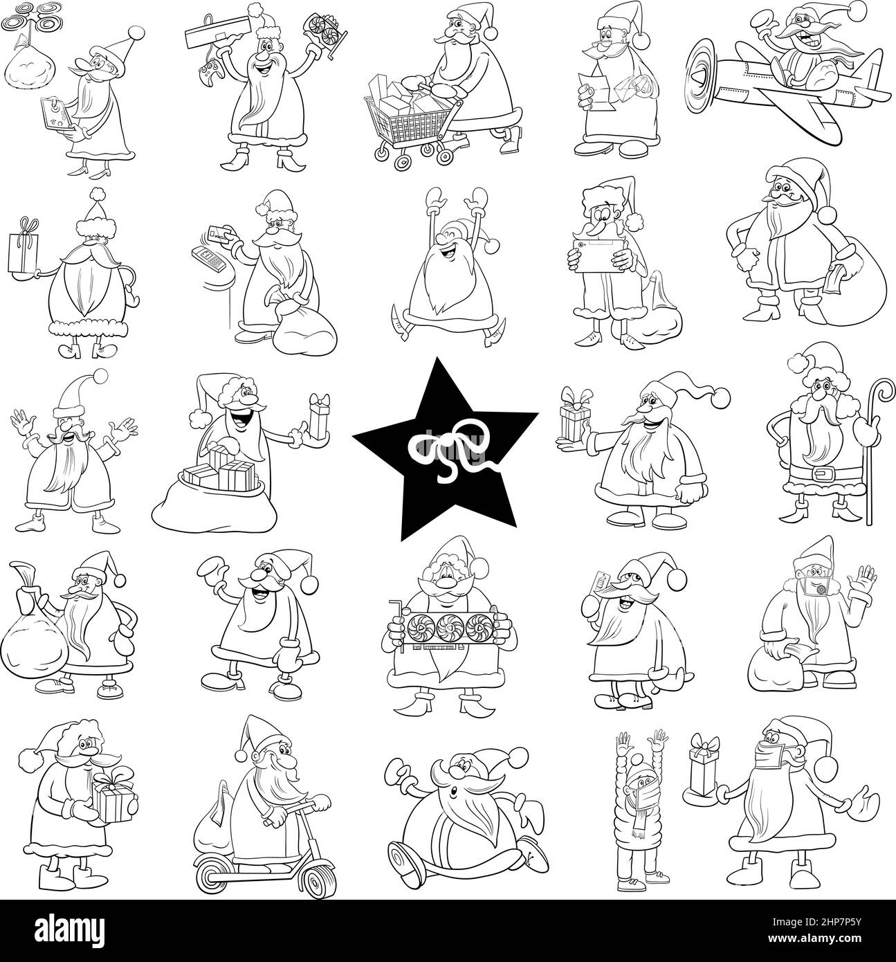 Schwarz-Weiß-Cartoon Weihnachtsmann Weihnachtsfiguren gesetzt Stock Vektor