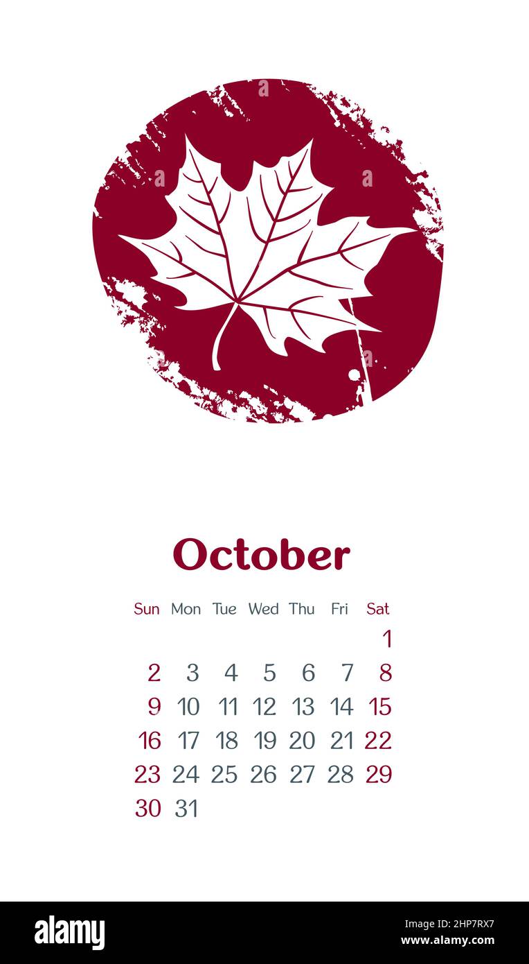 Kalender 2022 Monate Oktober. Die Woche beginnt am Sonntag Stock Vektor