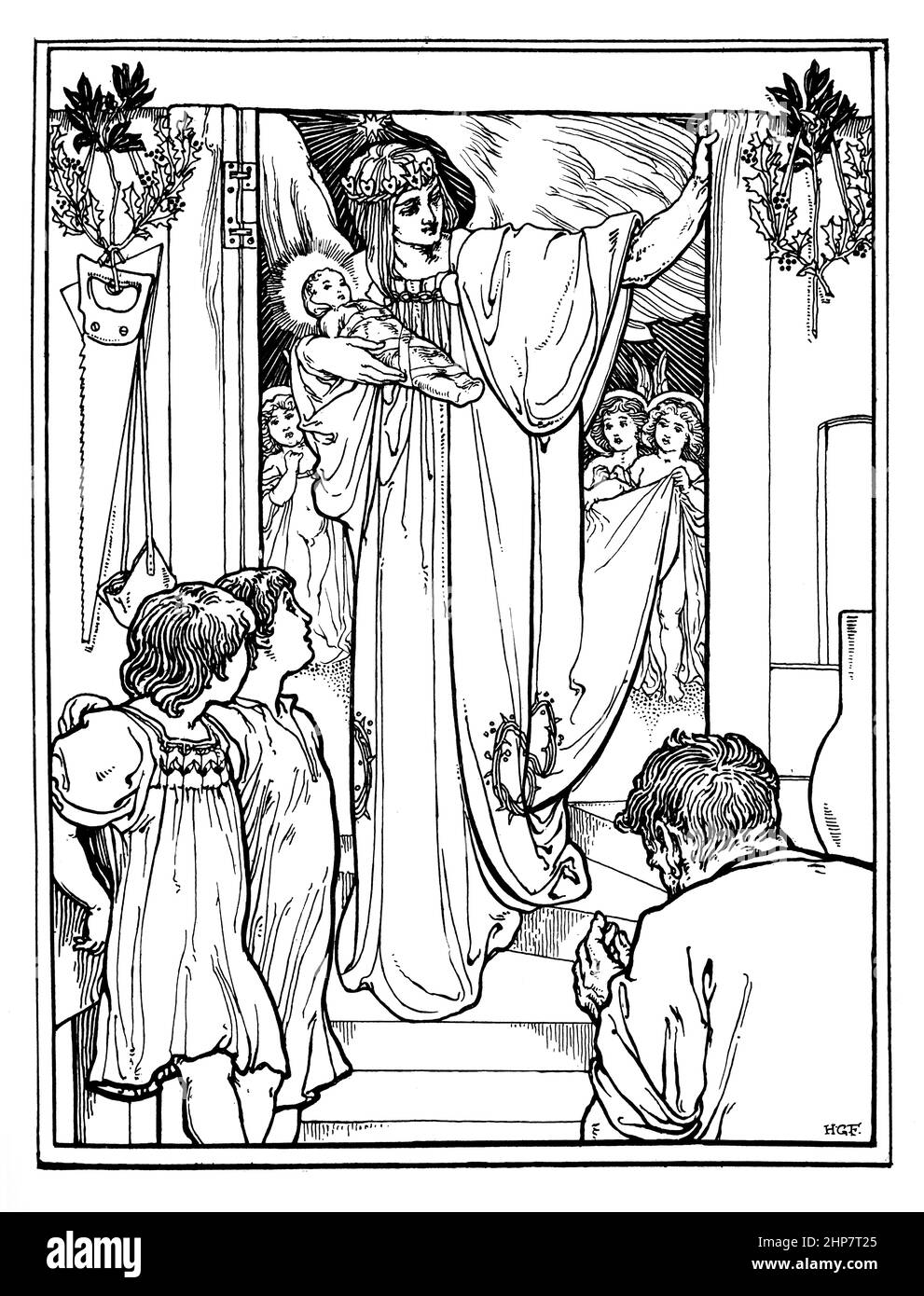 Jungfrau Maria im Eingang mit neugeborener Christ Kind religiöse Illustration von H. Granville fiel, von King Love. Ein Weihnachtsgrüßen Stockfoto