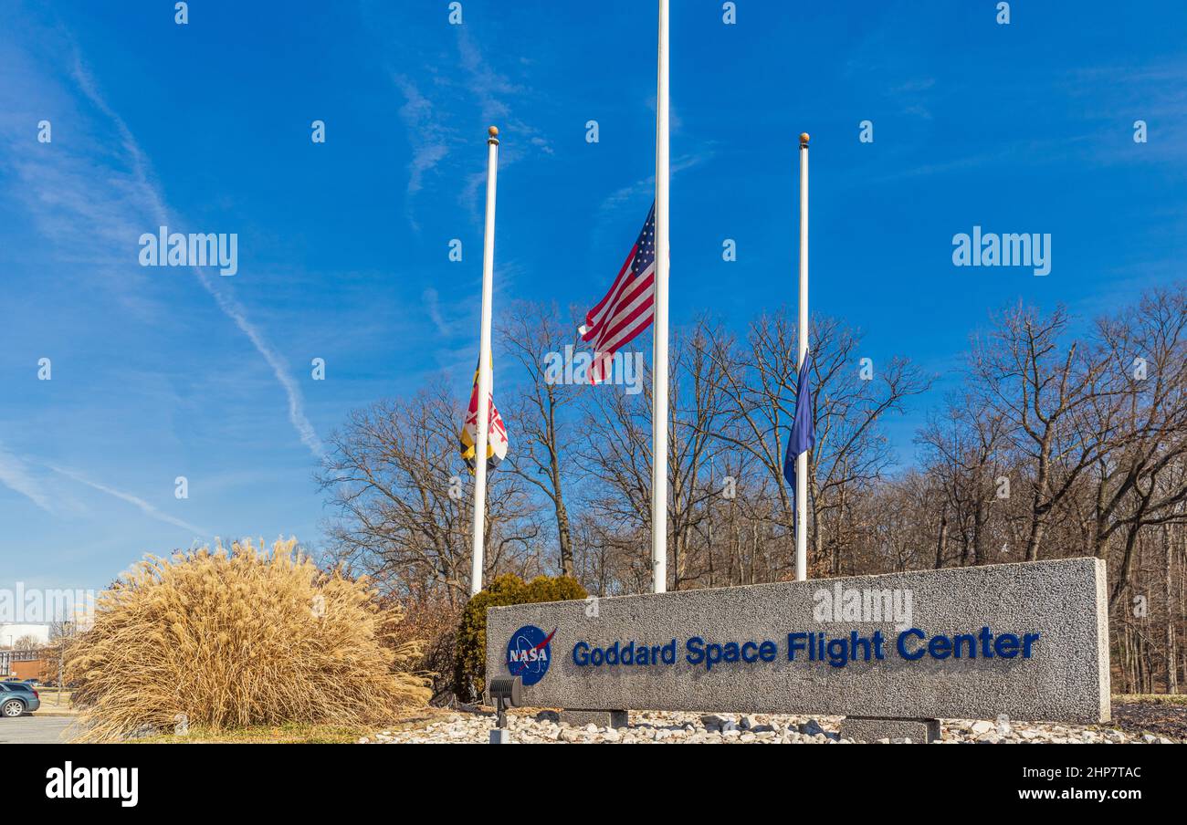 GREENBELT, MD USA - 3. FEBRUAR 2022: Das Goddard Space Flight Center ist das älteste Weltraumzentrum der NASA und nach dem Vater der modernen Raketerie, Dr. Stockfoto
