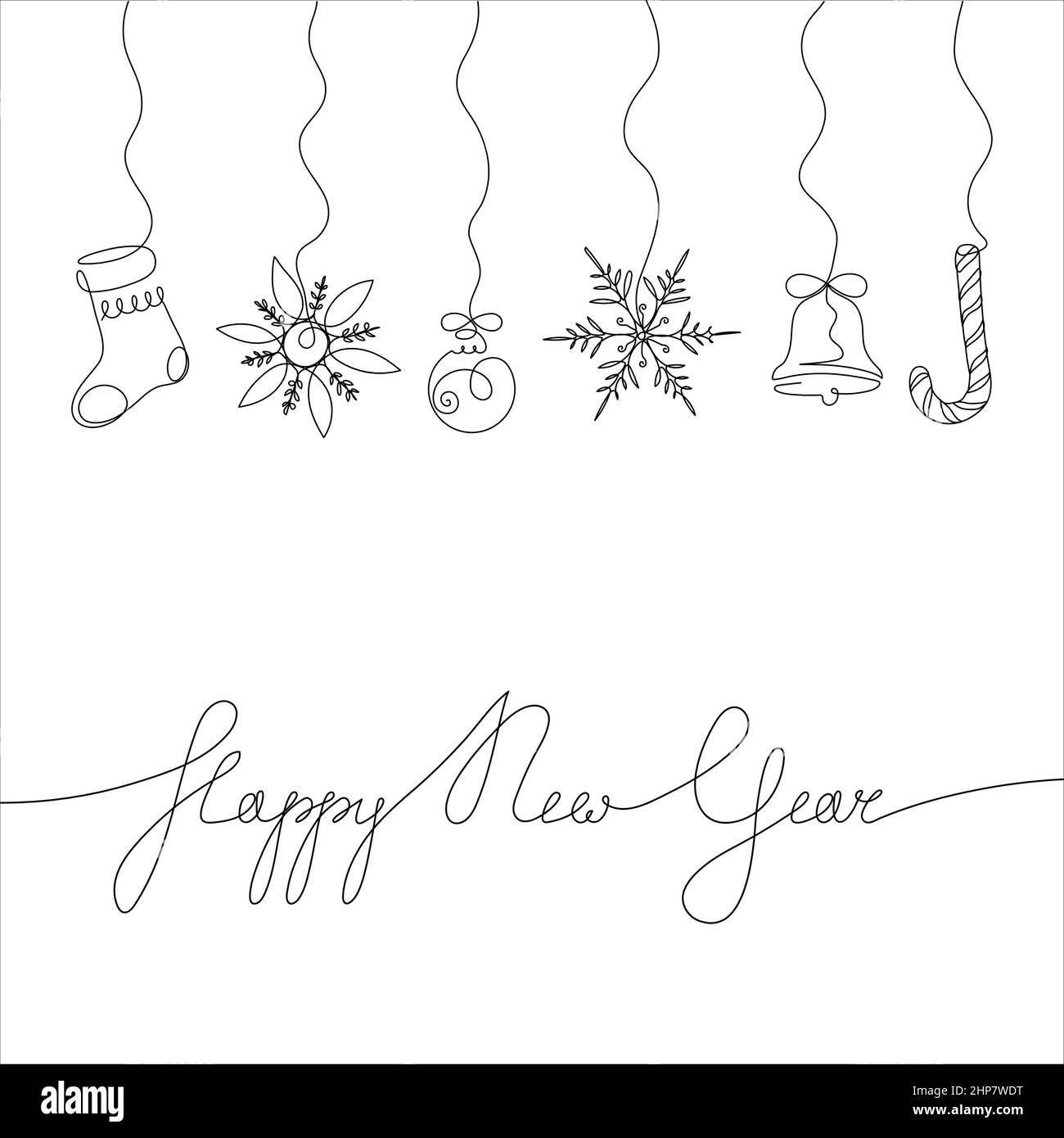 Kontinuierliche einzeilige Zeichnung von Schneeflocken, Socken, Ball, Glocke, Lollipop und „Happy New Year“-Schriftzug. Das Konzept der New Years-Feier ist auf weißem Hintergrund isoliert. Stock Vektor