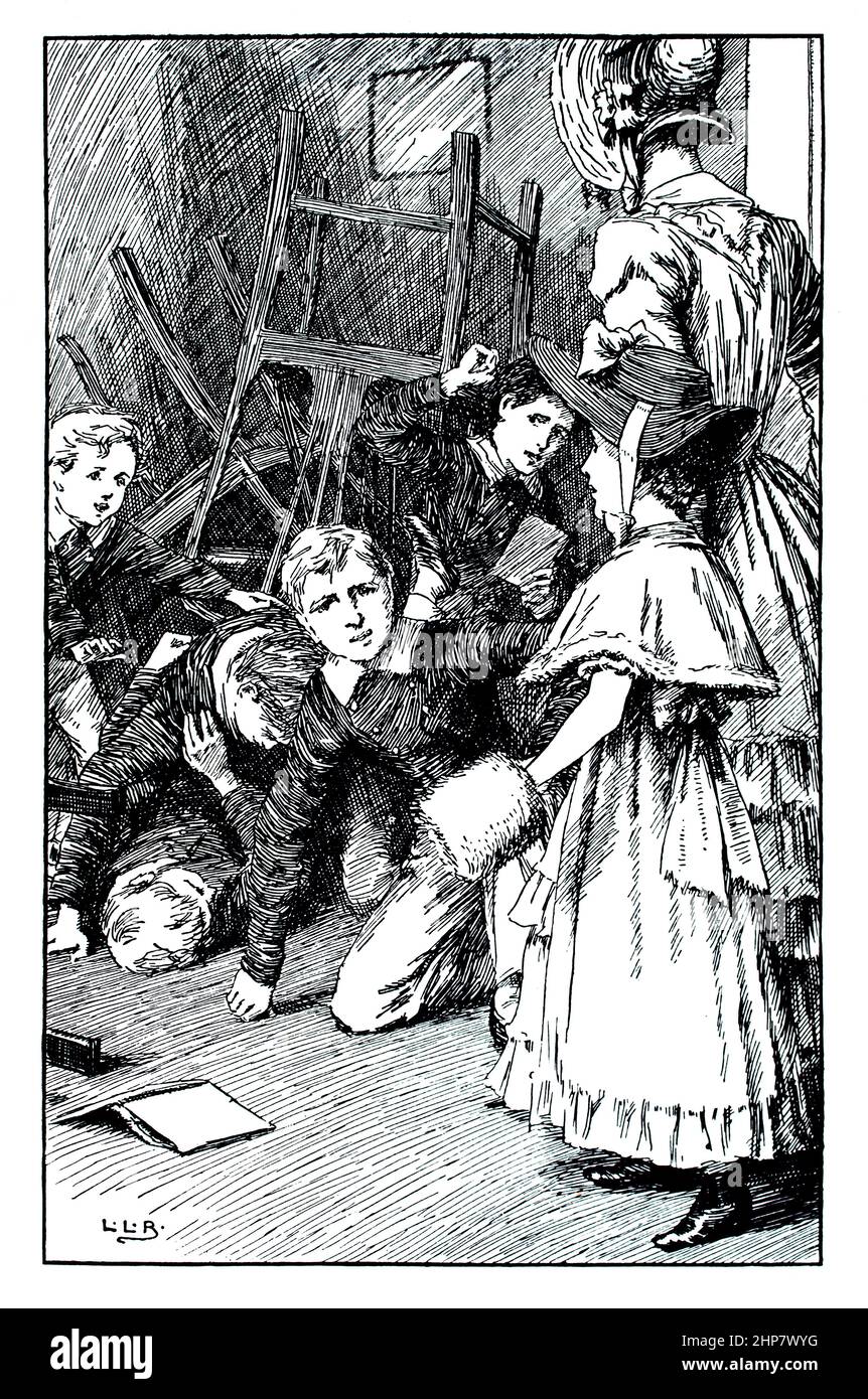 Boys Fighting in Schoolroom, 1897 Illustration von Leonard Leslie Brooke, von Miss Mouse and her Boys, von Mary Louisa Molesworth, herausgegeben von Macmill Stockfoto