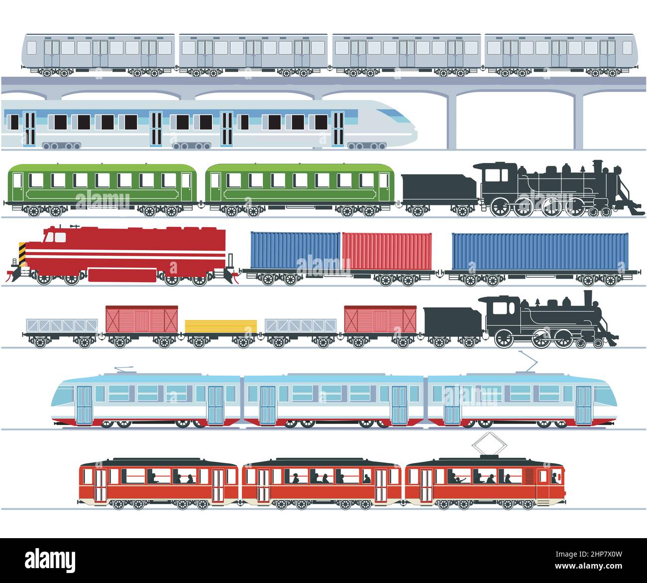 Satz von modernen Personenzügen, U-Bahn-Verkehr, Hochgeschwindigkeitszüge und U-Bahn, Straßenbahn, Güterzug - Illustration Stock Vektor