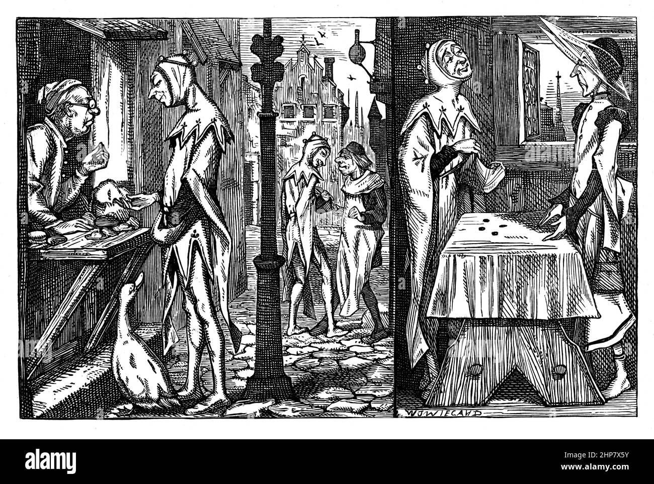 Comic Medieval Market, Illustration 1870 von William James Wiegand, aus Elliotts Nursery Rhymes und Nursery Songs, von James William Elliott, veröffentlicht Stockfoto