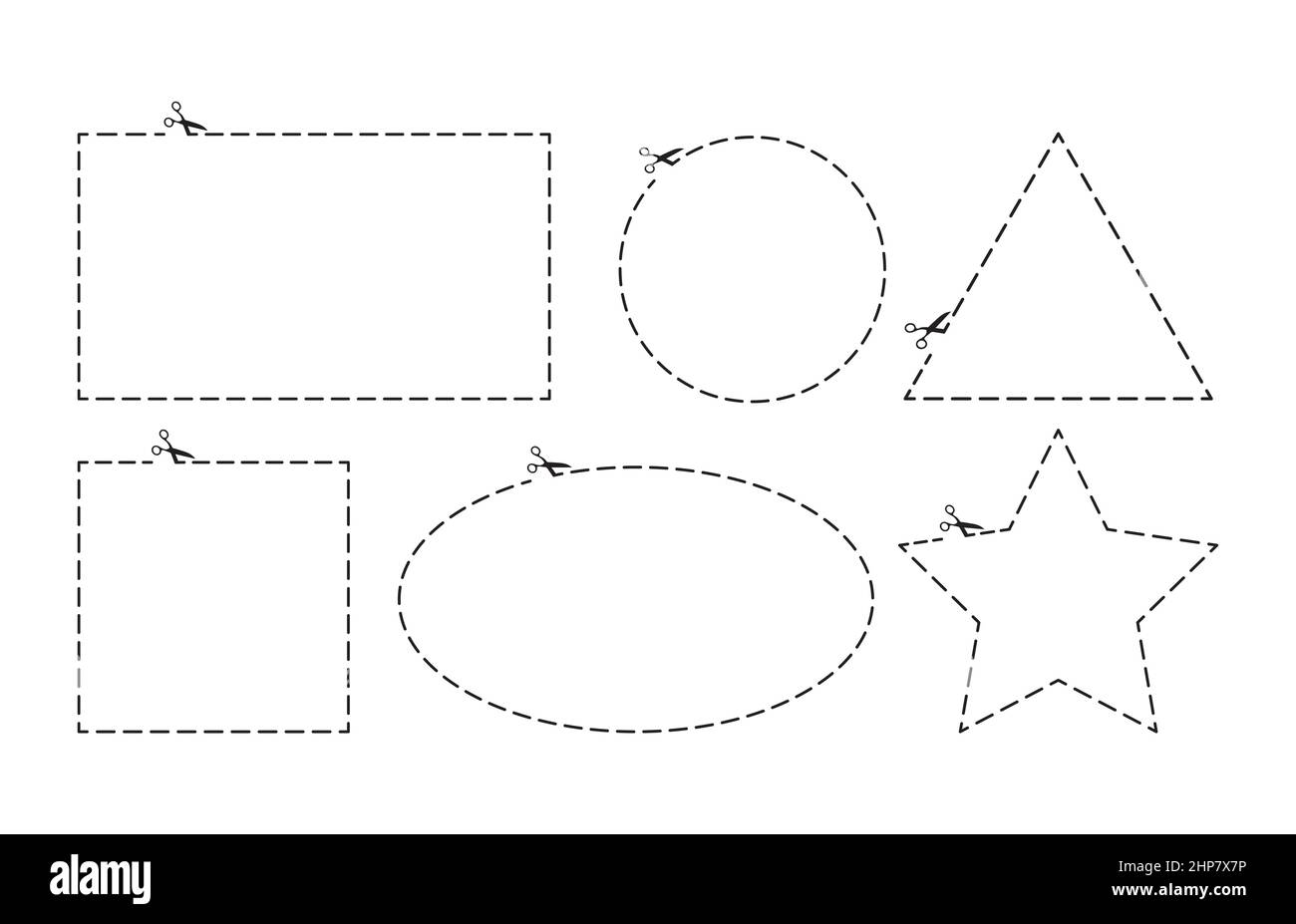Scherenpapier Schnitt Linie in verschiedenen Formen. Vektordarstellung auf weißem Hintergrund isoliert. Stock Vektor