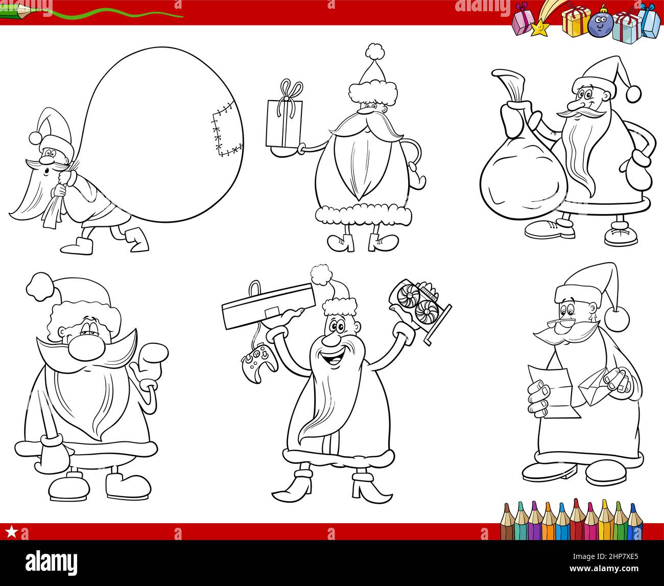 Cartoon Santa Claus Zeichen setzen Malbuch Seite Stock Vektor