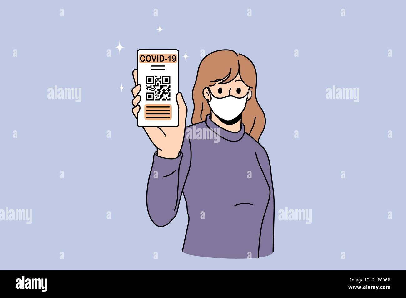 Frau im Gesichtsmask zeigen den Impfpass am Telefon Stock Vektor