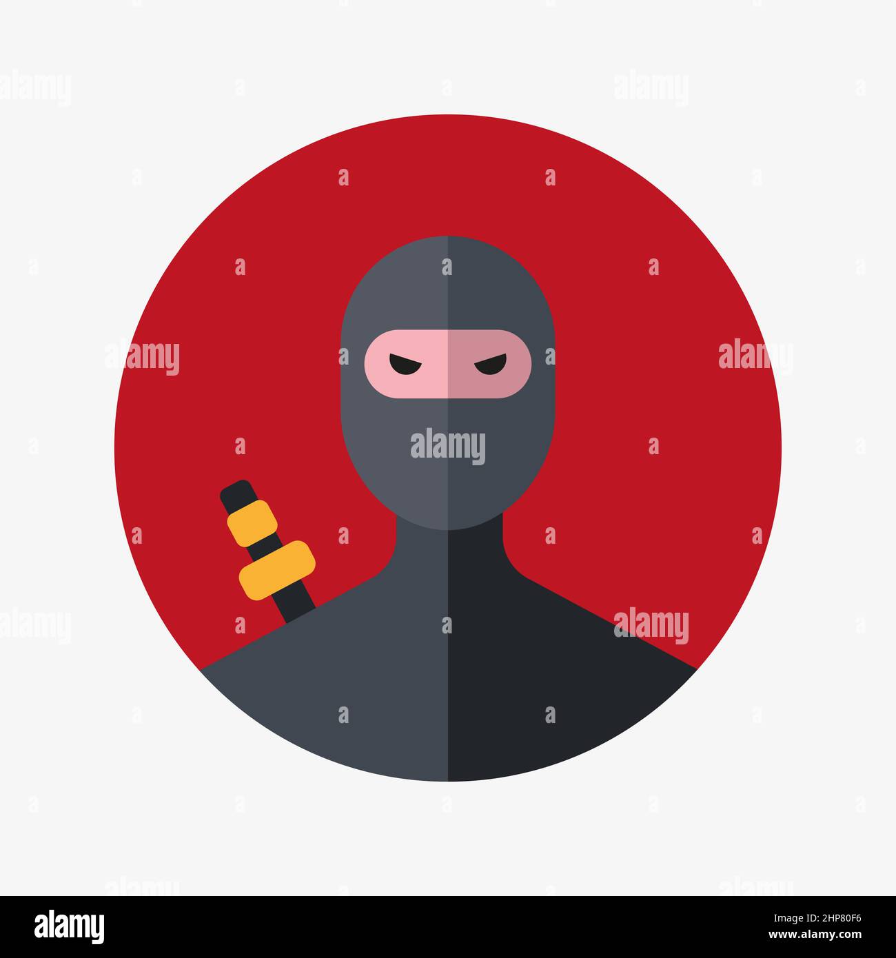 Ninja in schwarzer Kleidung und Maske Vektor flache Illustration. Ninja-Krieger im roten Kreis isoliert auf weißem Hintergrund. Stock Vektor