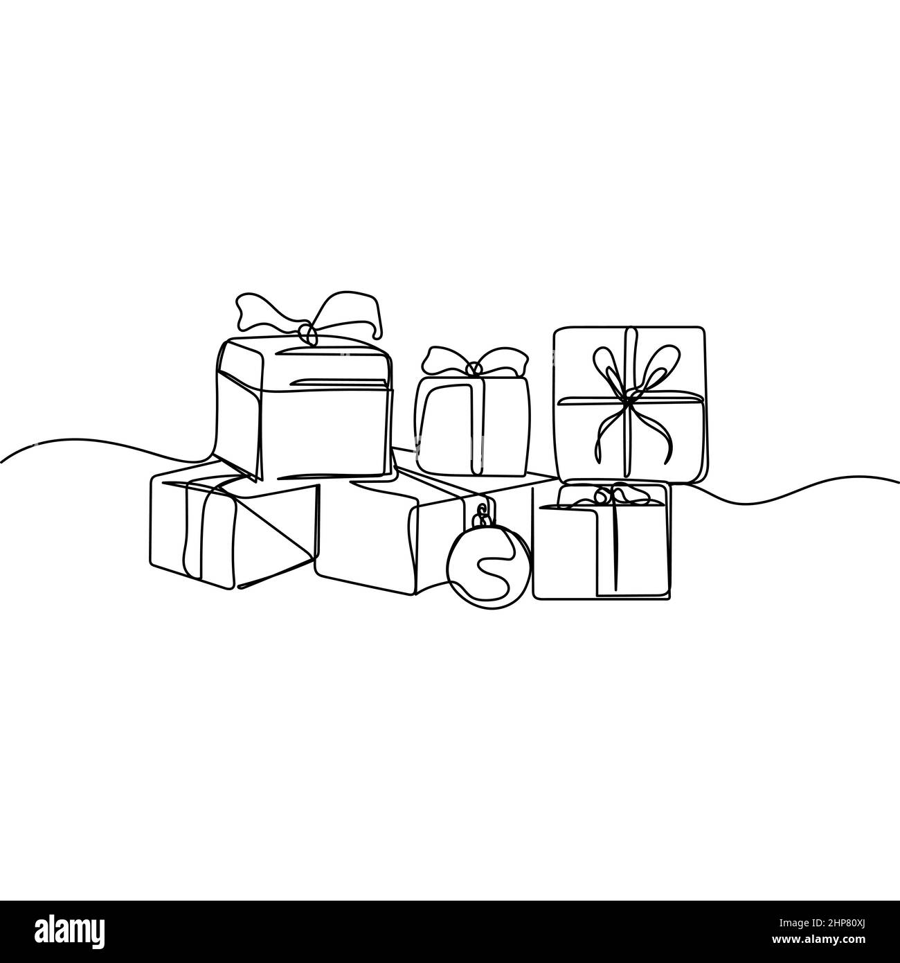 Vektor kontinuierliche eine einzige Linie Zeichnung Symbol der weihnachts-Geschenk-Boxen in Silhouette auf weißem Hintergrund. Linear stilisiert. Stock Vektor