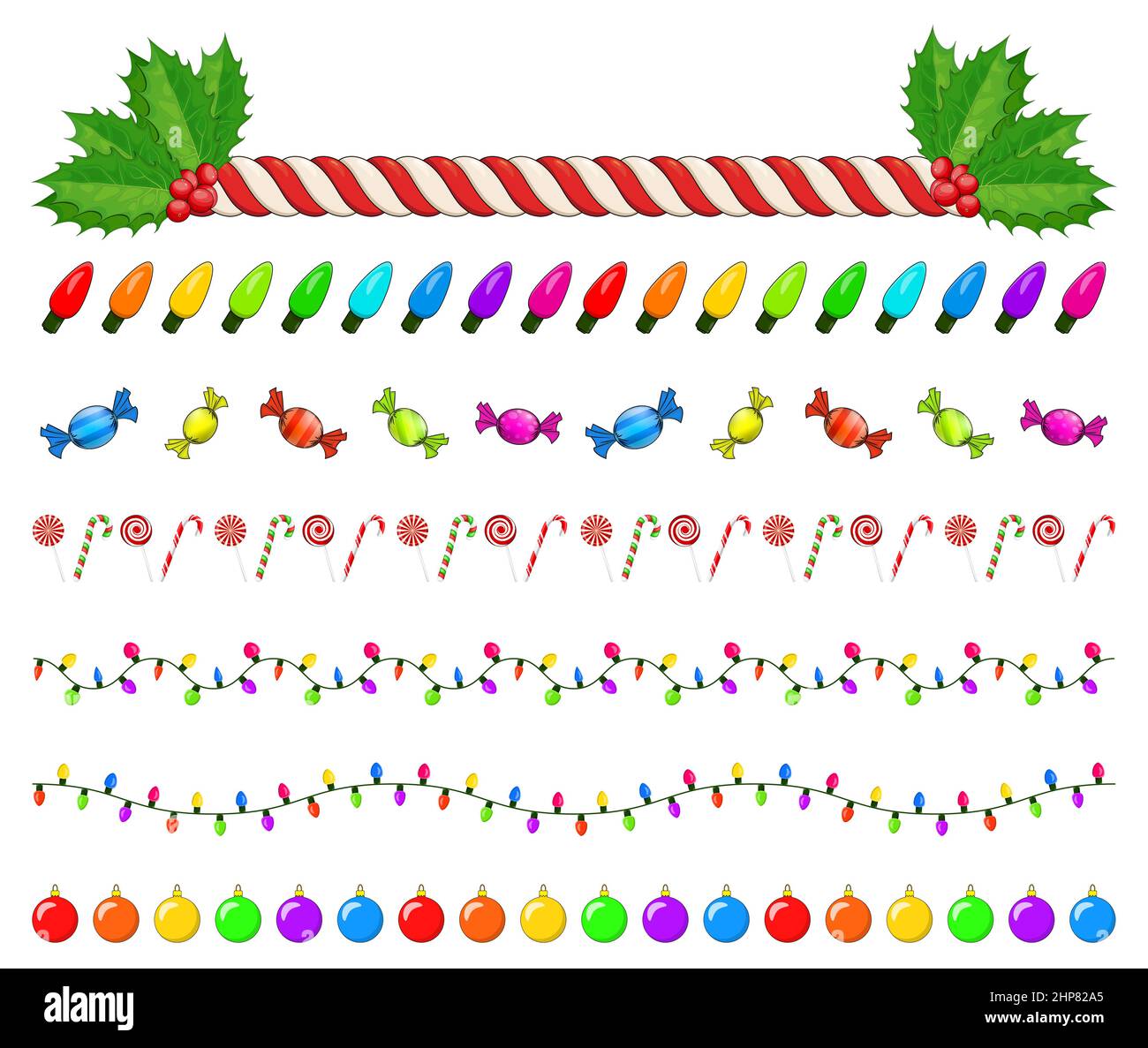 Weihnachts-Symbole-Kollektion. Große Reihe von Weihnachts-Symbole. Saisonale Cartoon-Illustrationen isoliert auf weiß. Ornament und Dekorationen für den Urlaub. Holy Berry, elf, Schuhe, Geschenk, Kerze, Licht, Saite, Kugeln. Stock Vektor