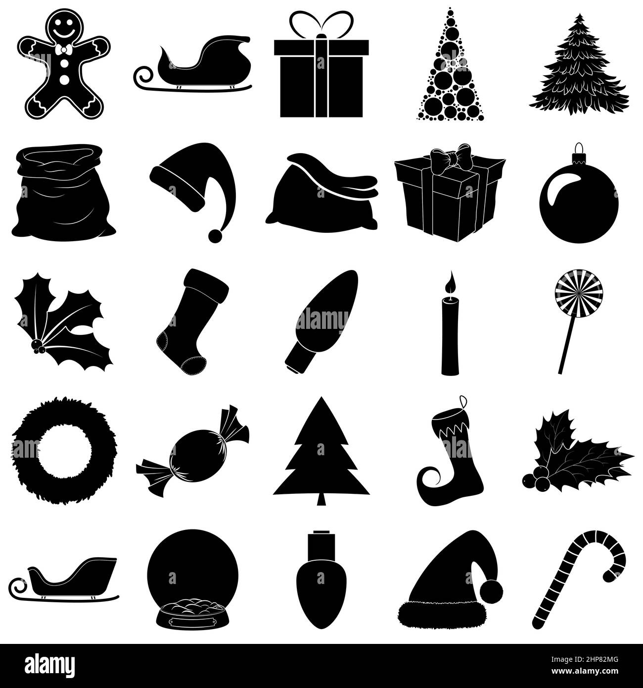 weihnachten, Symbol, Sammlung, groß, set, Icon, Cartoon, saisonal, Illustration, isoliert, Weiß, Ornament, bunt, Vektor, Hintergrund, Grafik, Zeichnung, Design, Konzept, Form, schild, Element, Clip, Kunst, Stechpalme, beere, Elfe, Schuhe, Baum, Silhouette, Schwarz Stock Vektor