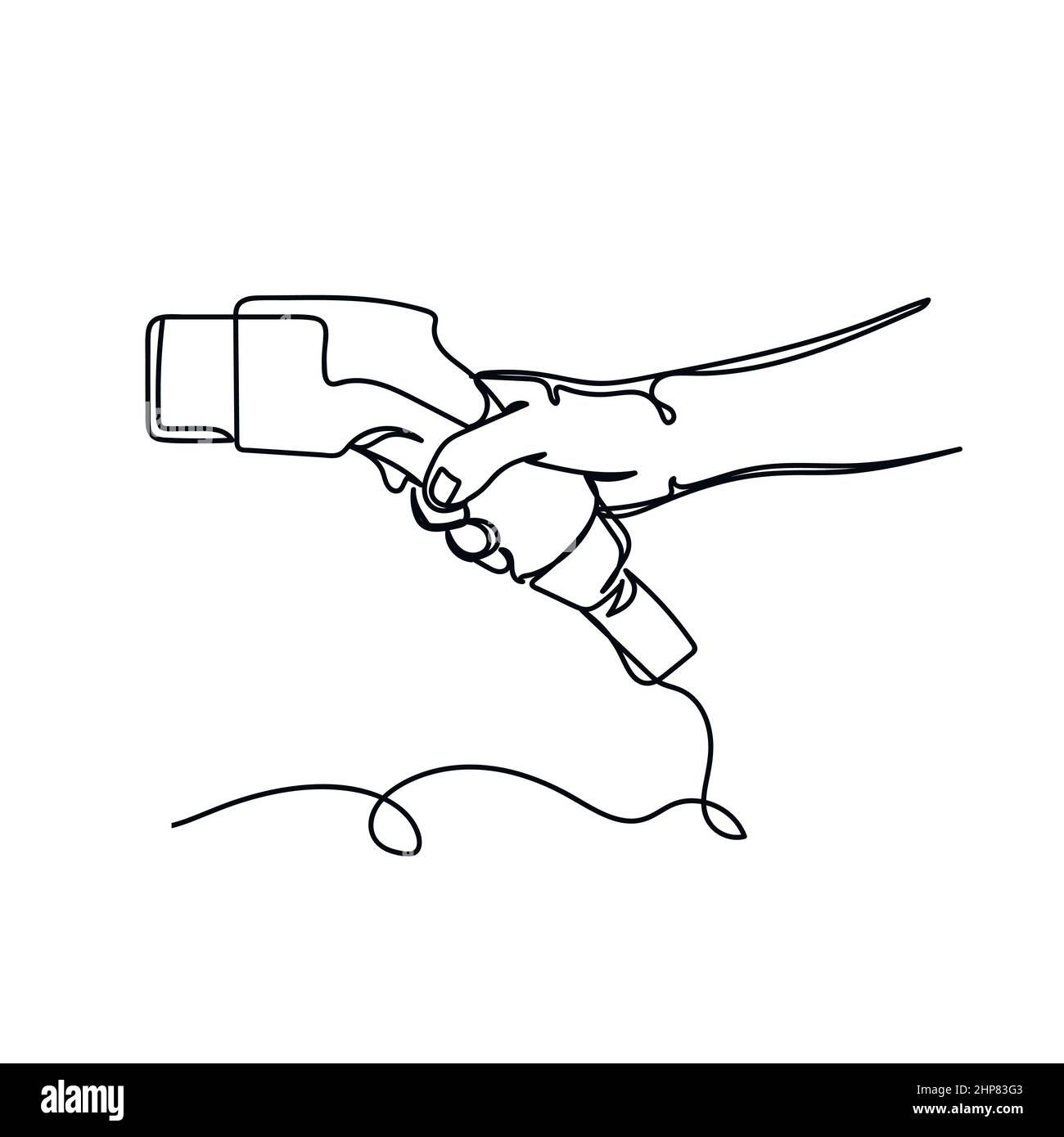 Vektor abstrakt kontinuierliche eine einzige einfache Linie Zeichnung Symbol der Hand hält Elektro-Auto-Ladegerät in Silhouette Skizze. Stock Vektor