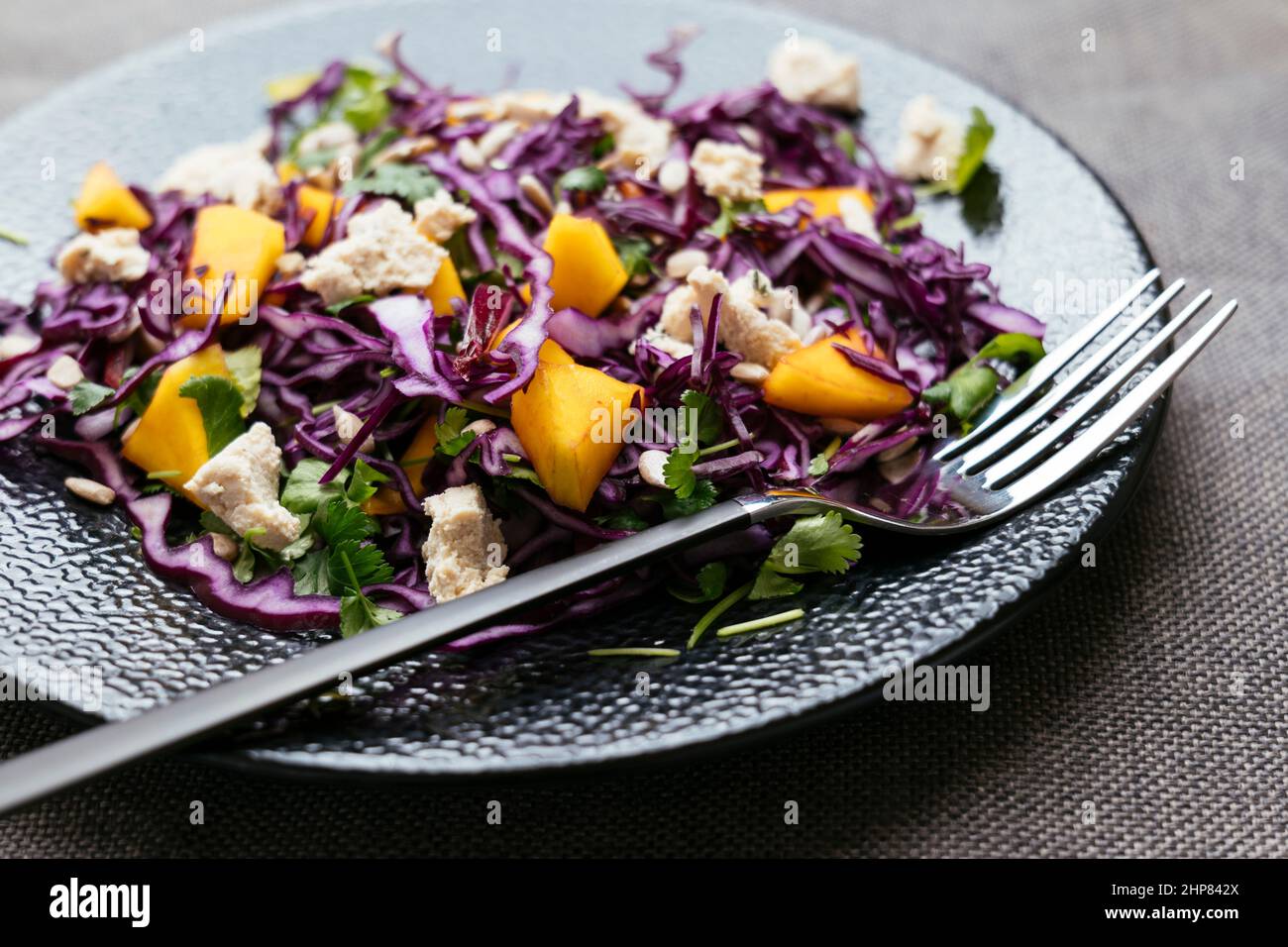 Hausgemachter Rotkohl-Mangosalat mit veganem Feta Stockfoto