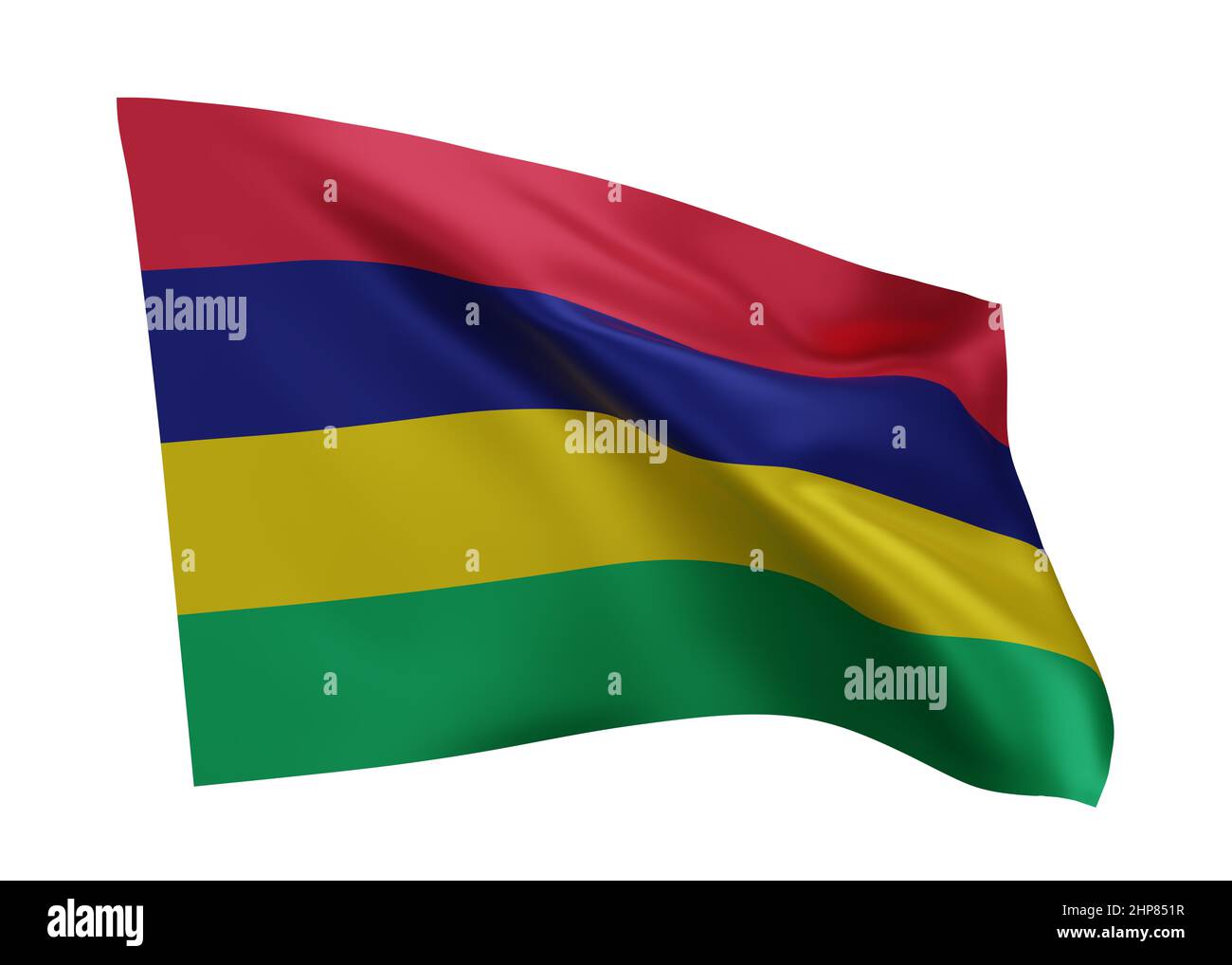3D Illustration Flagge von Mauritius. Mauritische hochauflösende Flagge vor weißem Hintergrund isoliert. 3D Rendern Stockfoto