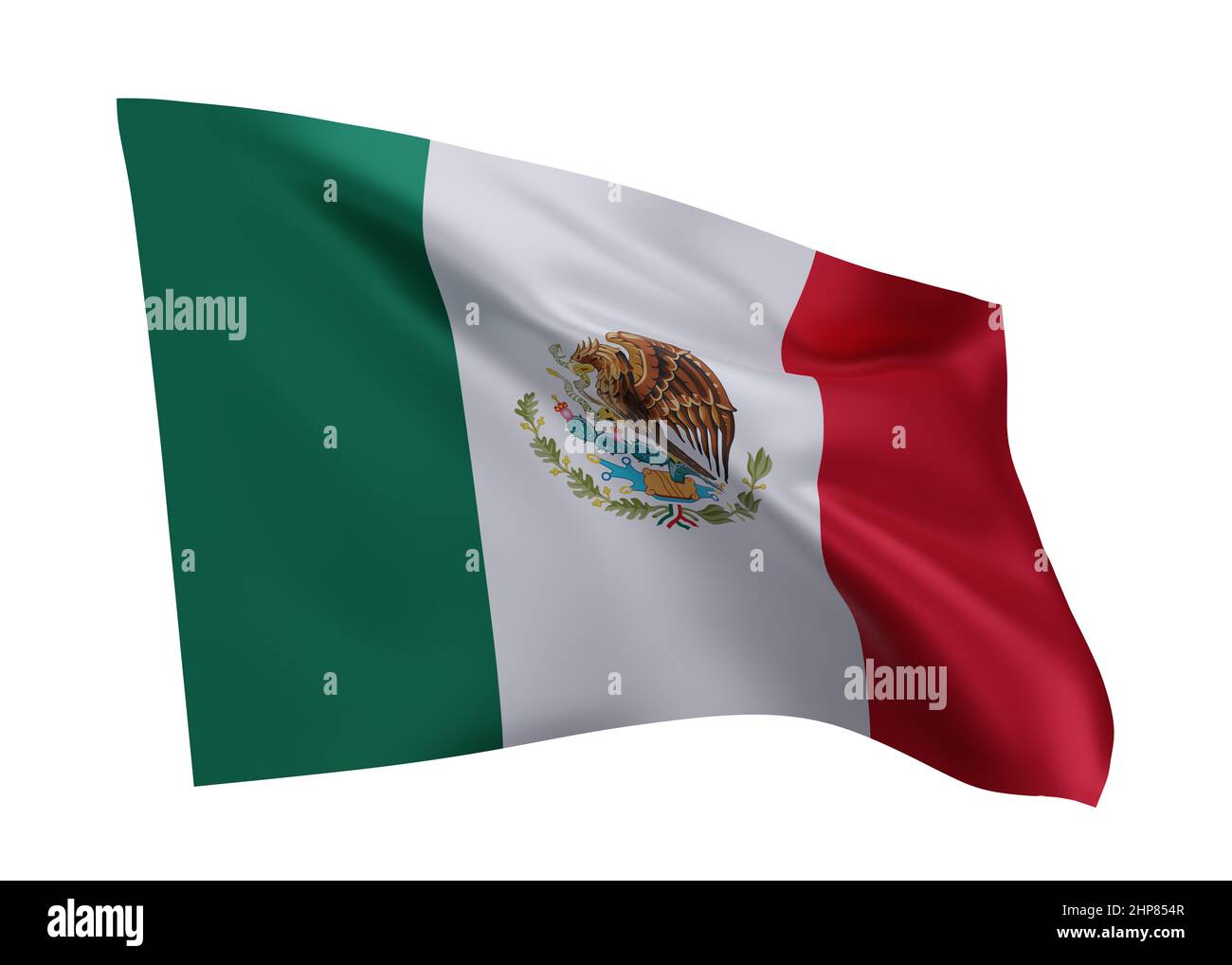3D Abbildung Flagge von Mexiko. Mexikanische hochauflösende Flagge vor weißem Hintergrund isoliert. 3D Rendern Stockfoto