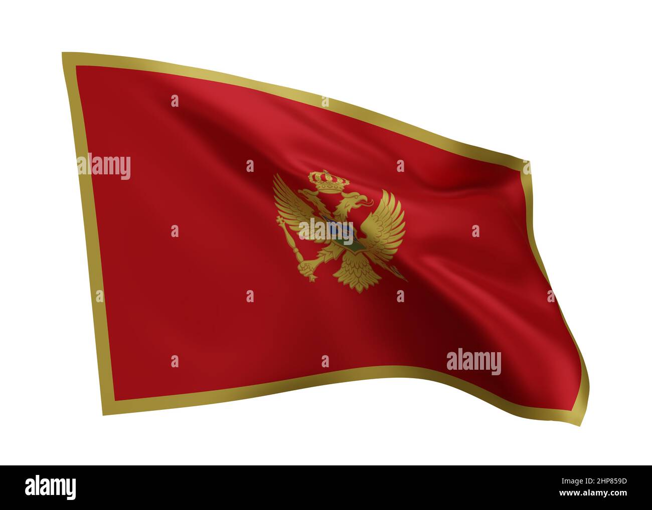 3D Illustration Flagge von Montenegro. Die hochauflösende Flagge von knegrischem Hintergrund ist vor weißem Hintergrund isoliert. 3D Rendern Stockfoto
