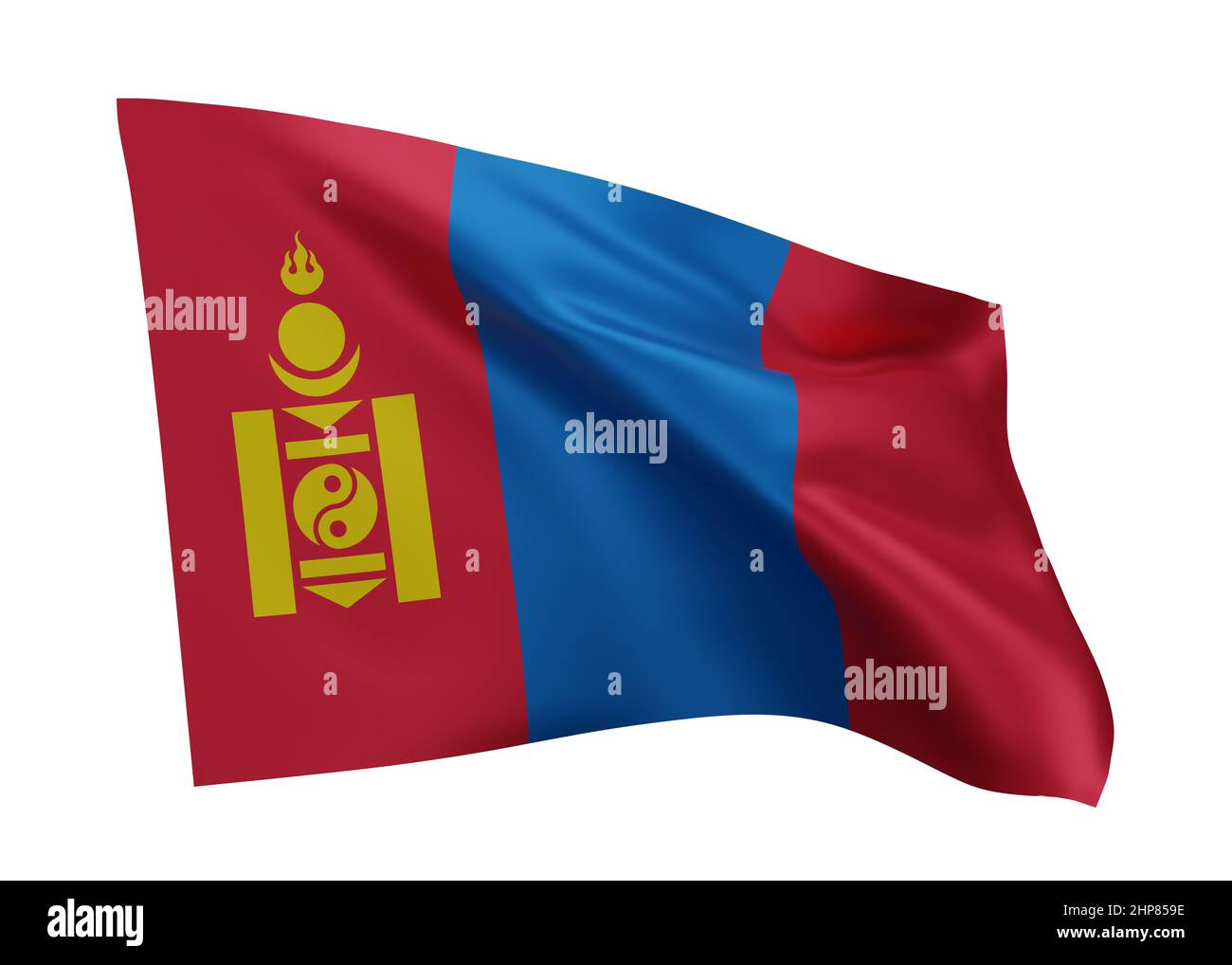 3D Illustration Flagge der Mongolei. Mongolische Flagge mit hoher Auflösung, isoliert vor weißem Hintergrund. 3D Rendern Stockfoto