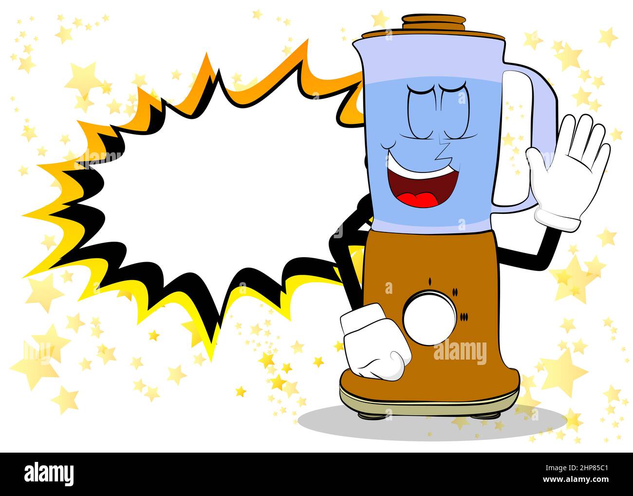 Food Blender mit winkender Hand als Zeichentrickfigur mit Gesicht. Stock Vektor