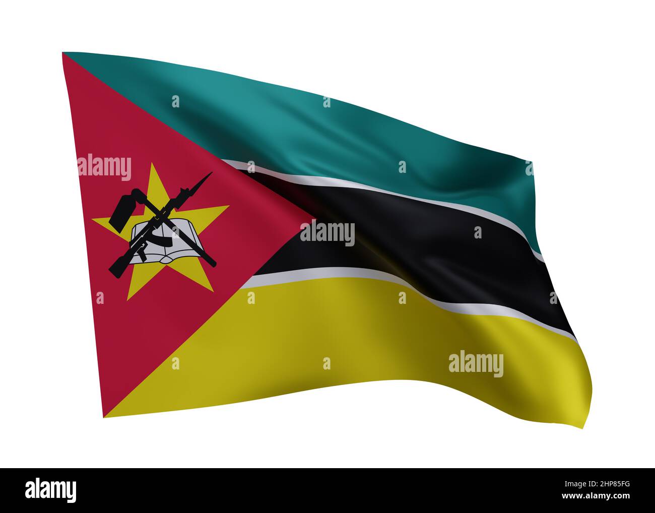 3D Illustration Flagge von Mosambik. Mosambikanische Flagge mit hoher Auflösung, isoliert vor weißem Hintergrund. 3D Rendern Stockfoto