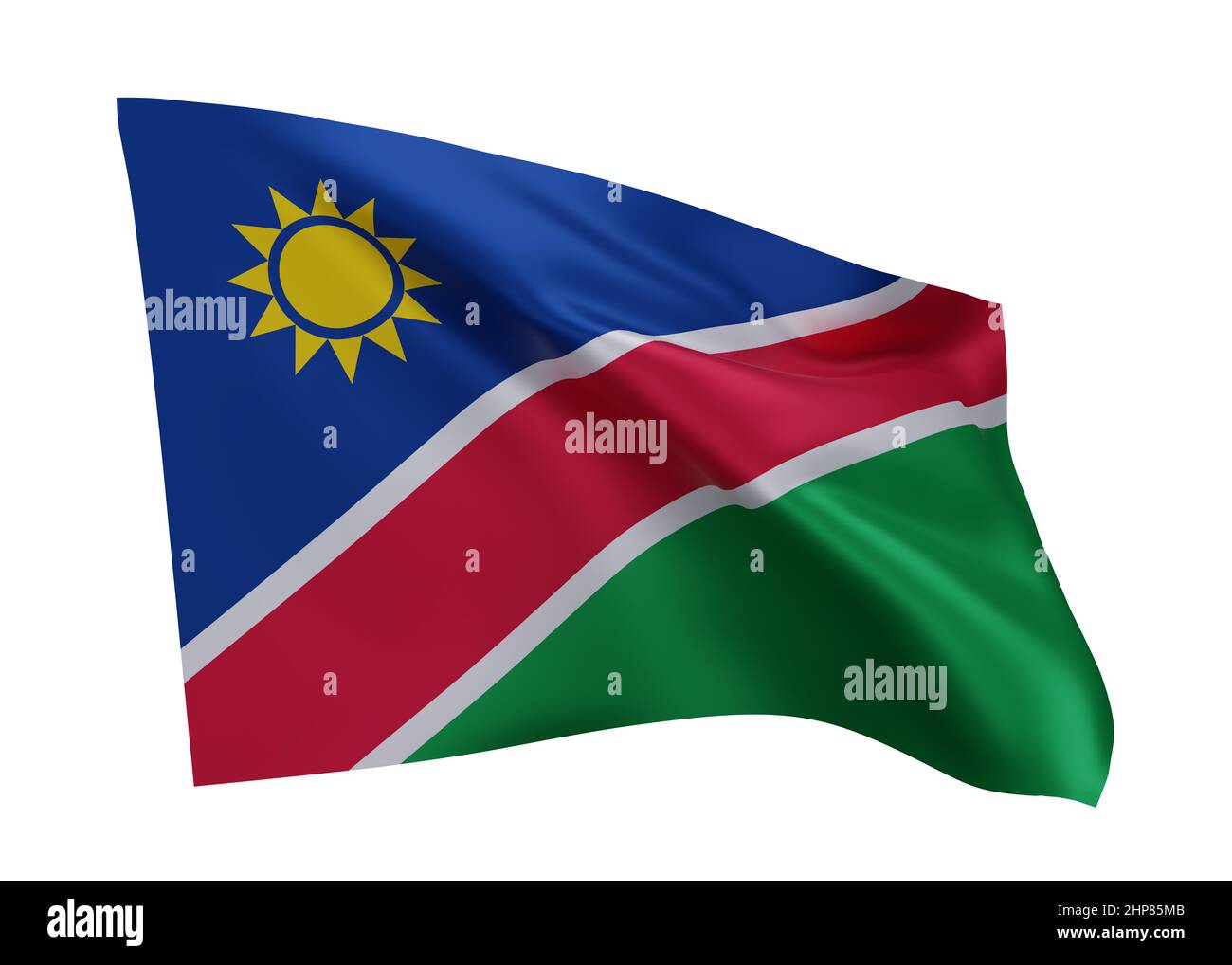 3D Illustration Flagge von Namibia. Namibische hochauflösende Flagge isoliert vor weißem Hintergrund. 3D Rendern Stockfoto