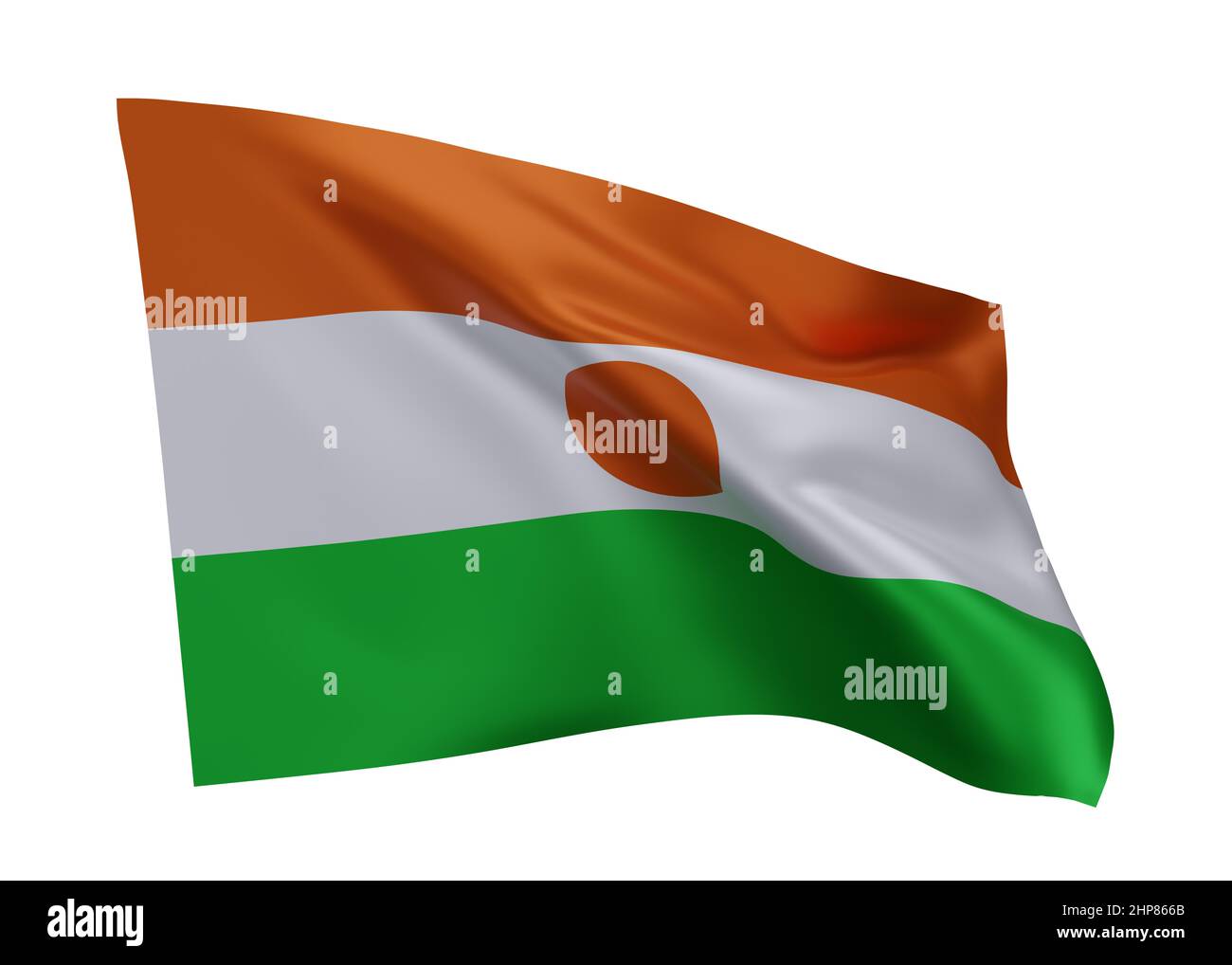 3D Illustration Flagge von Niger. Nigrische Flagge mit hoher Auflösung, isoliert vor weißem Hintergrund. 3D Rendern Stockfoto