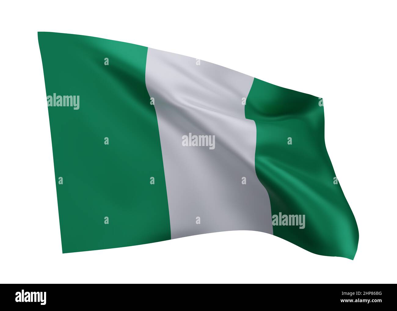 3D Illustration Flagge von Nigeria. Nigeria hochauflösende Flagge isoliert vor weißem Hintergrund. 3D Rendern Stockfoto