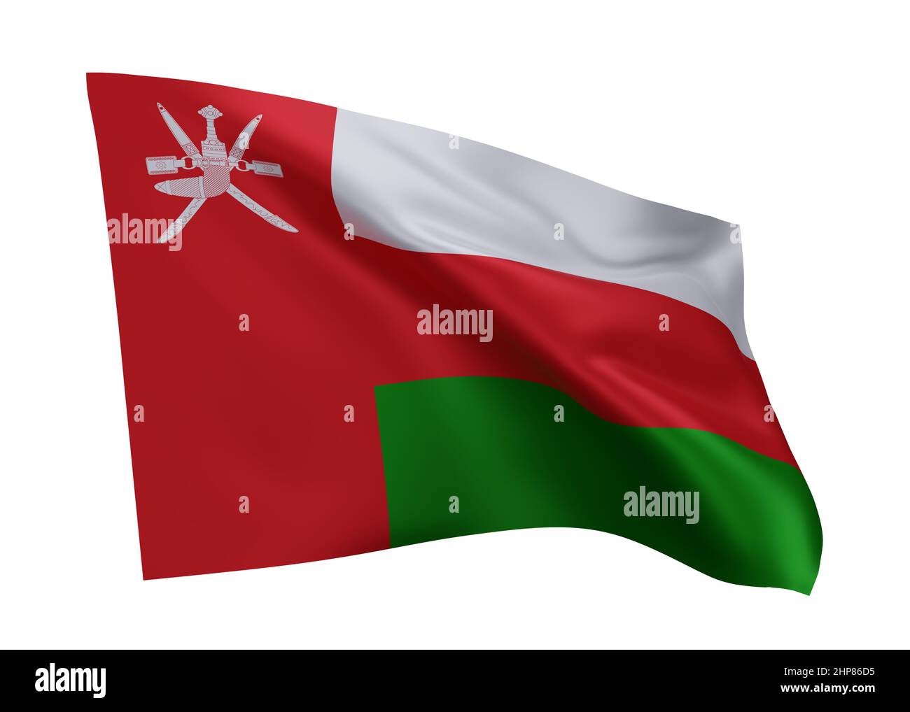 3D Abbildung Flagge von Oman. Oman hochauflösende Flagge isoliert vor weißem Hintergrund. 3D Rendern Stockfoto