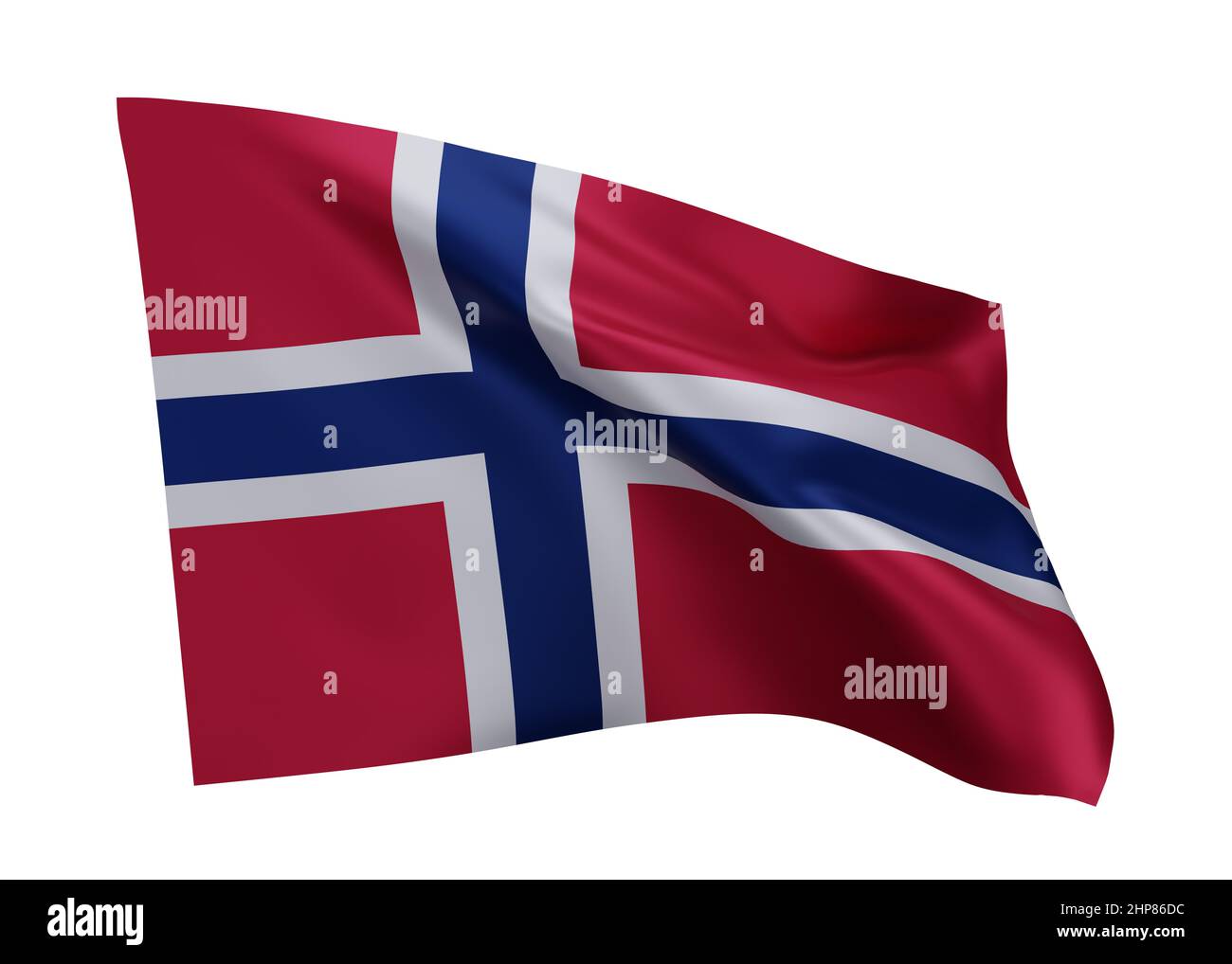 3D Abbildung Flagge von Norwegen. Norwegen hochauflösende Flagge isoliert vor weißem Hintergrund. 3D Rendern Stockfoto