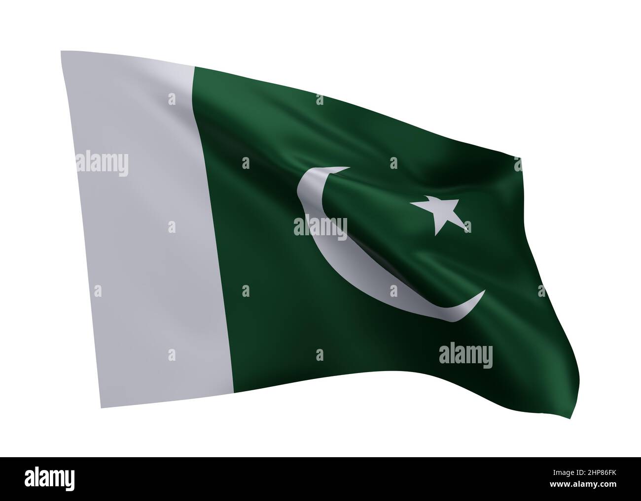 3D Illustration Flagge von Pakistan. Pakistanische hochauflösende Flagge vor weißem Hintergrund isoliert. 3D Rendern Stockfoto