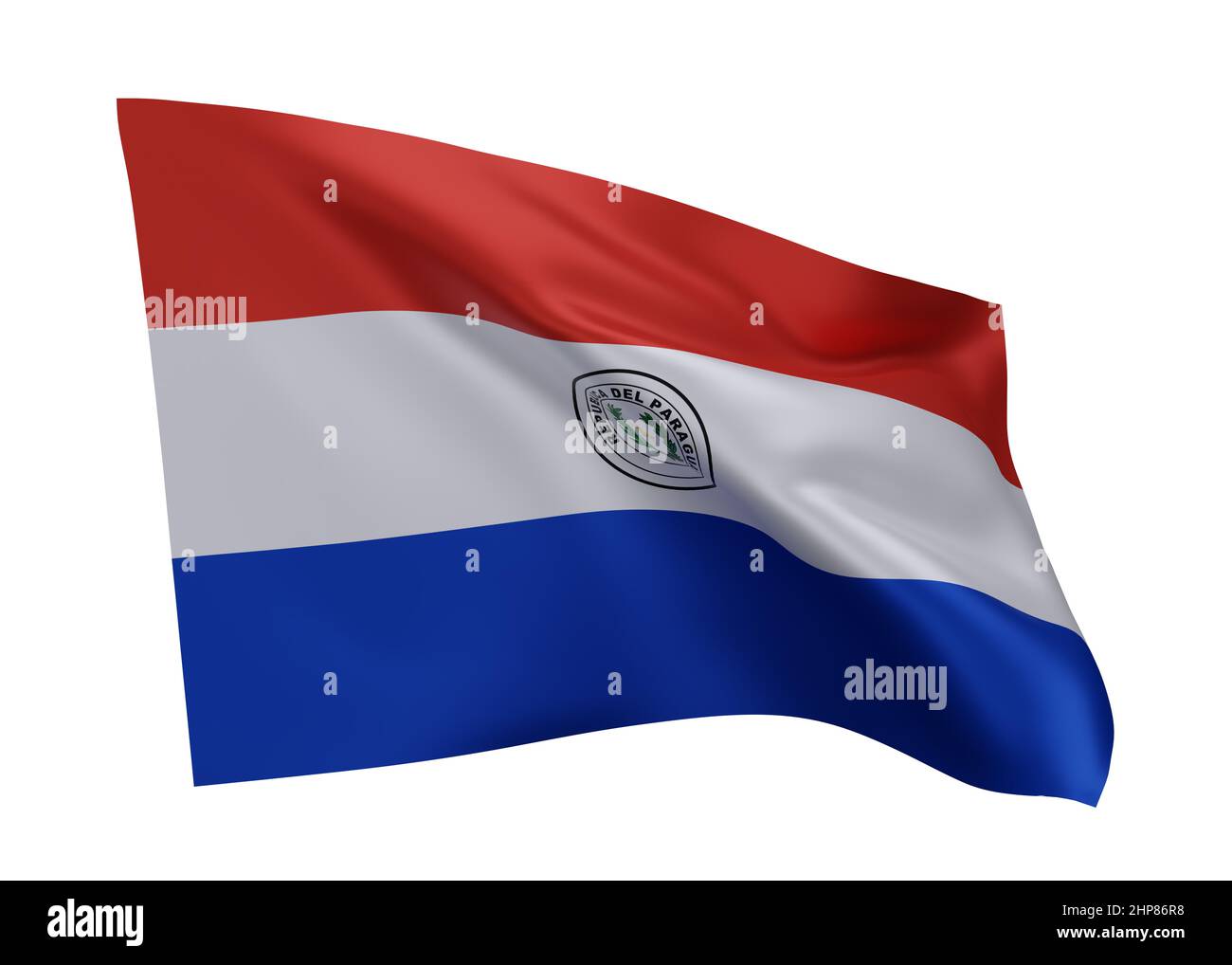 3D Illustration Flagge von Paraguay. Paraguayische hochauflösende Flagge vor weißem Hintergrund isoliert. 3D Rendern Stockfoto