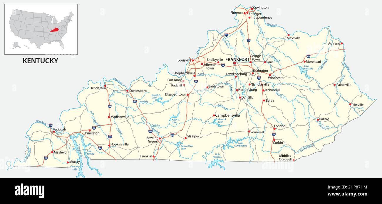 Straßenkarte des US-amerikanischen Staates Kentucky Stock Vektor