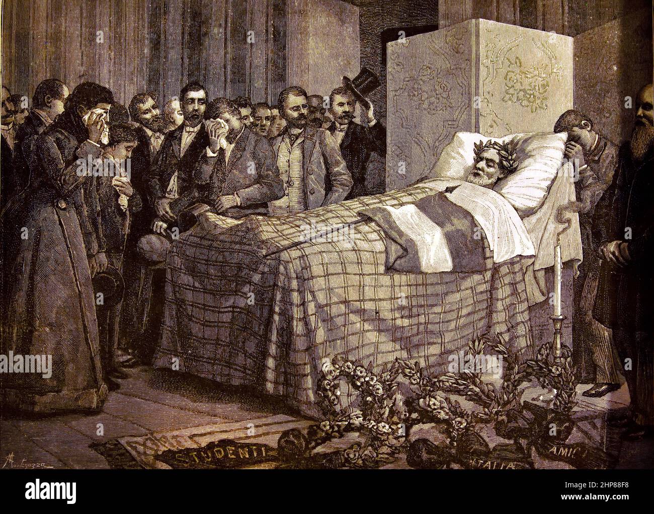 Giuseppe Mazzini auf seinem Sterbebett 1872 vom Maler Mantegazza, Mazzini ( Giuseppe Mazzini 1805 – 1872 ) Italienisch, Politiker, Journalist, Aktivist, Italien Italienisch Stockfoto