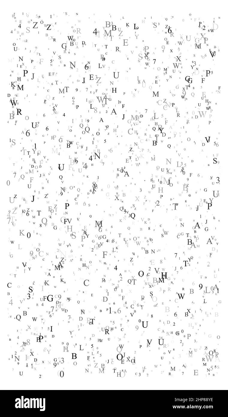 Abstraktes schwarzes Alphabet Ornament Grenze isoliert auf weißem Hintergrund. Vektor-Illustration für Bildung, Schreiben, poetisches Design. Zufällige Buchstaben fallen von oben. Alphabet Buchkonzept für das Gymnasium. Stock Vektor