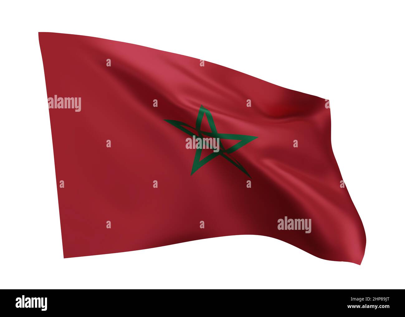3D Abbildung Flagge von Marokko. Königreich Marokko hochauflösende Flagge vor weißem Hintergrund isoliert. 3D Rendern Stockfoto