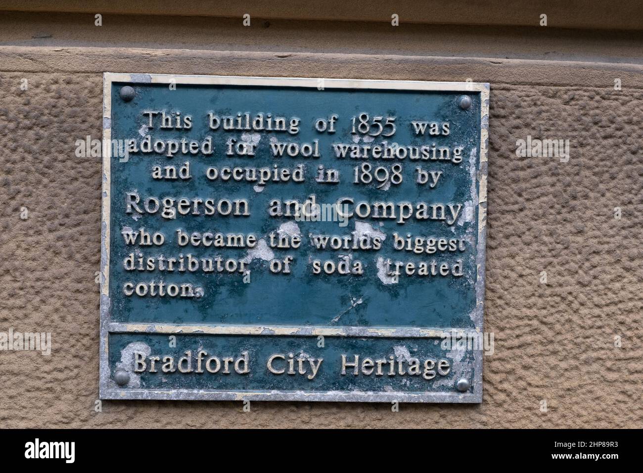 Gedenktafel in Little Germany, Bradford, West Yorkshire. Stockfoto