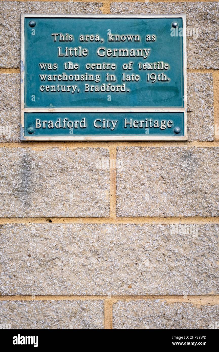 Gedenktafel in Little Germany, Bradford, West Yorkshire. Stockfoto