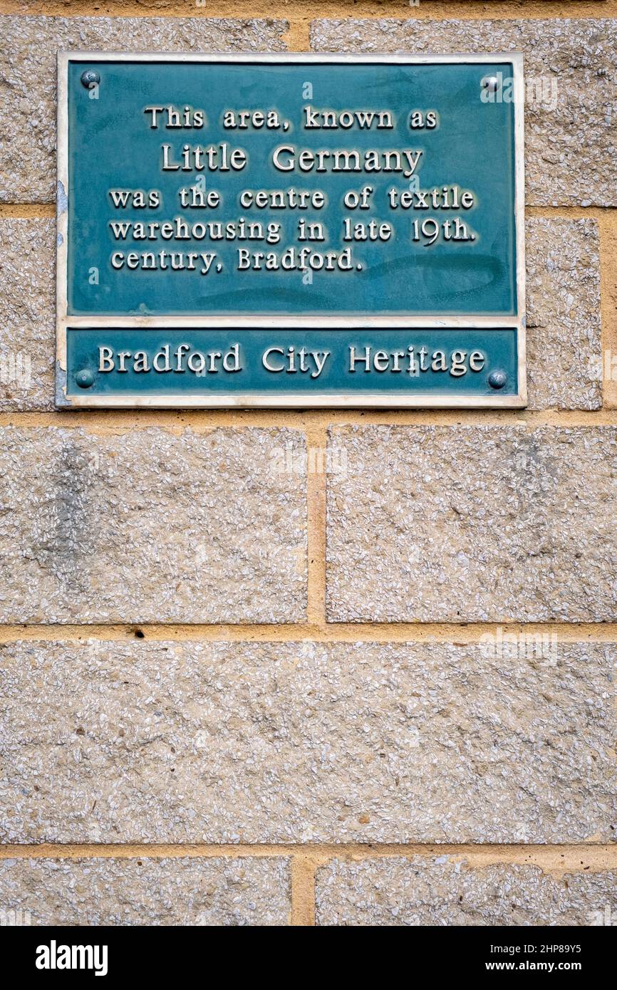Gedenktafel in Little Germany, Bradford, West Yorkshire. Stockfoto