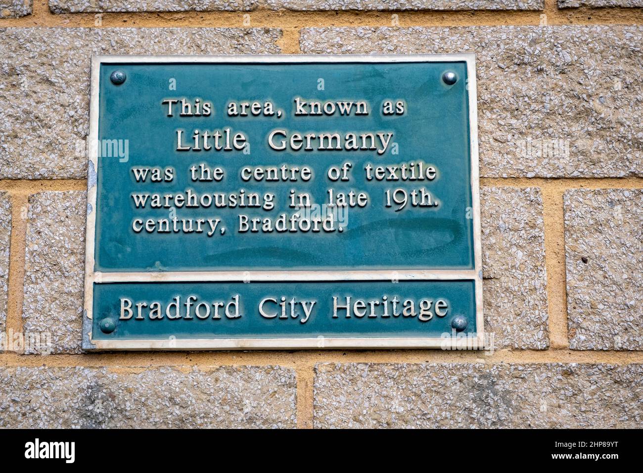Gedenktafel in Little Germany, Bradford, West Yorkshire. Stockfoto