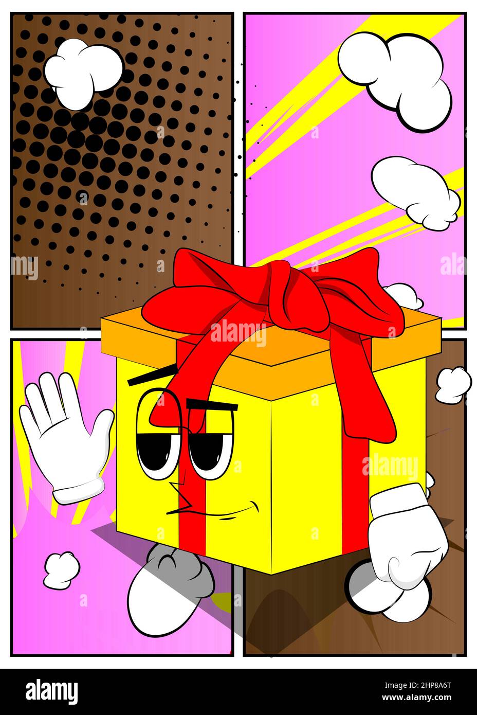 Geschenkbox mit winkender Hand als Zeichentrickfigur. Stock Vektor