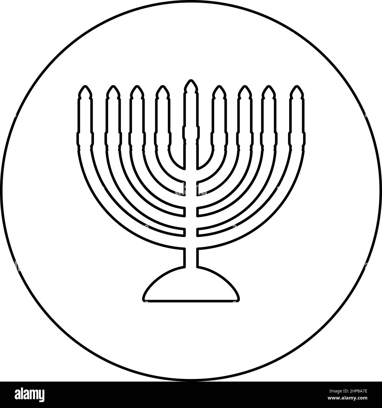 Chanukah Menorah jüdischen Feiertag Kerzenleuchter mit Kerzen Israel Kerzenhalter Symbol im Kreis rund schwarz Farbe Vektor Illustration Bild umreißen Kontur Linie dünnen Stil Stock Vektor