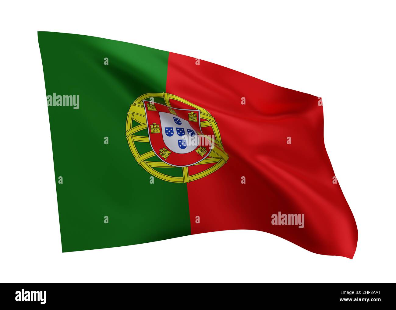 3D Abbildung Flagge von Portugal. Portugiesische Flagge mit hoher Auflösung, isoliert vor weißem Hintergrund. 3D Rendern Stockfoto