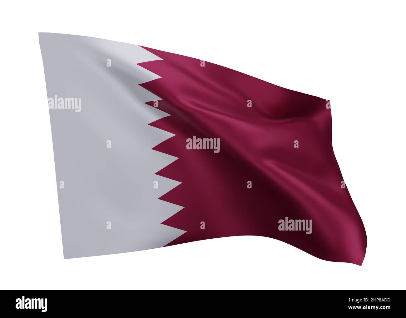 3D Illustration Flagge von Katar. Katarische hochauflösende Flagge vor weißem Hintergrund isoliert. 3D Rendern Stockfoto