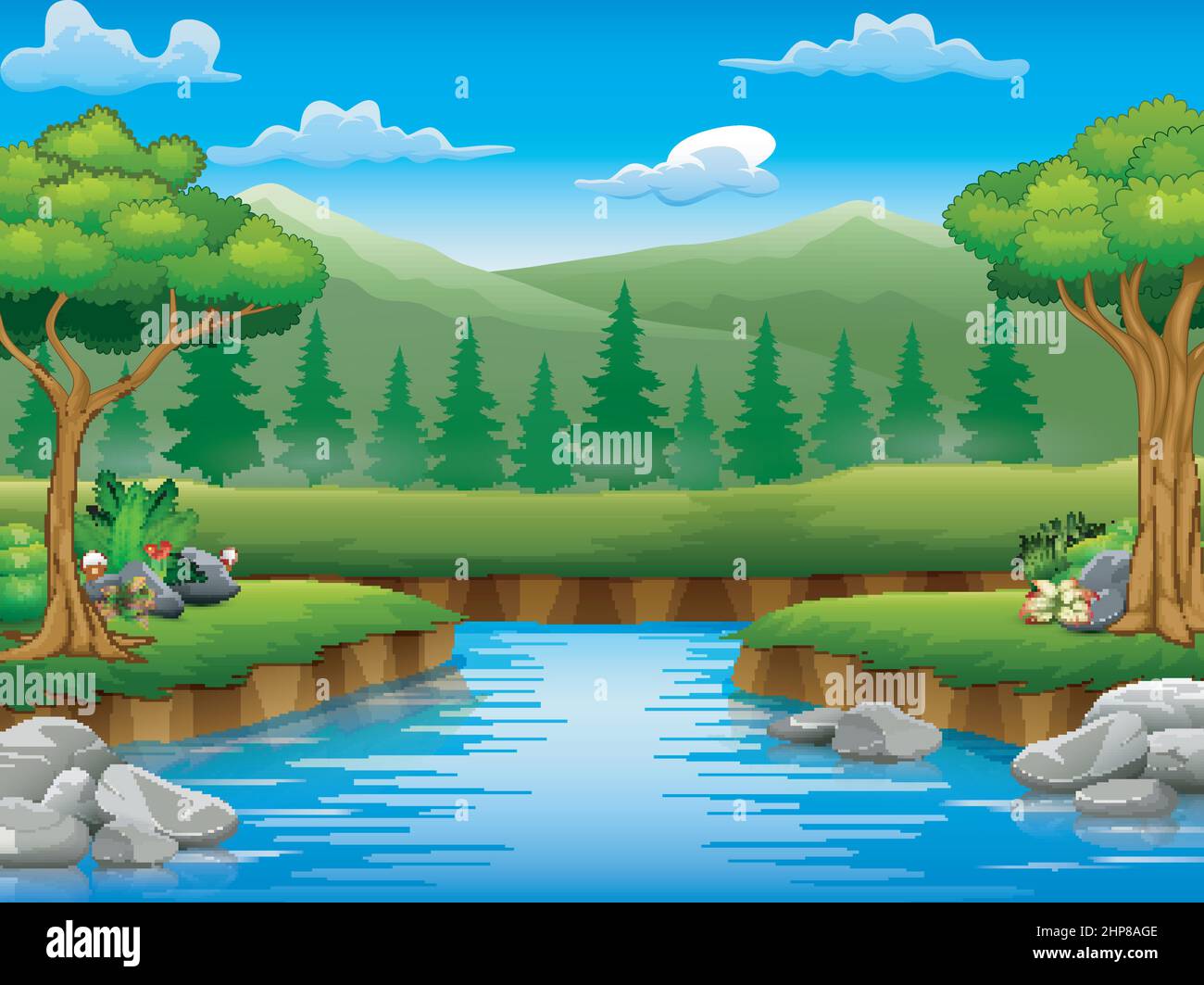 Cartoon des Flusses im Wald und Silhouetten Hintergrund Stock Vektor