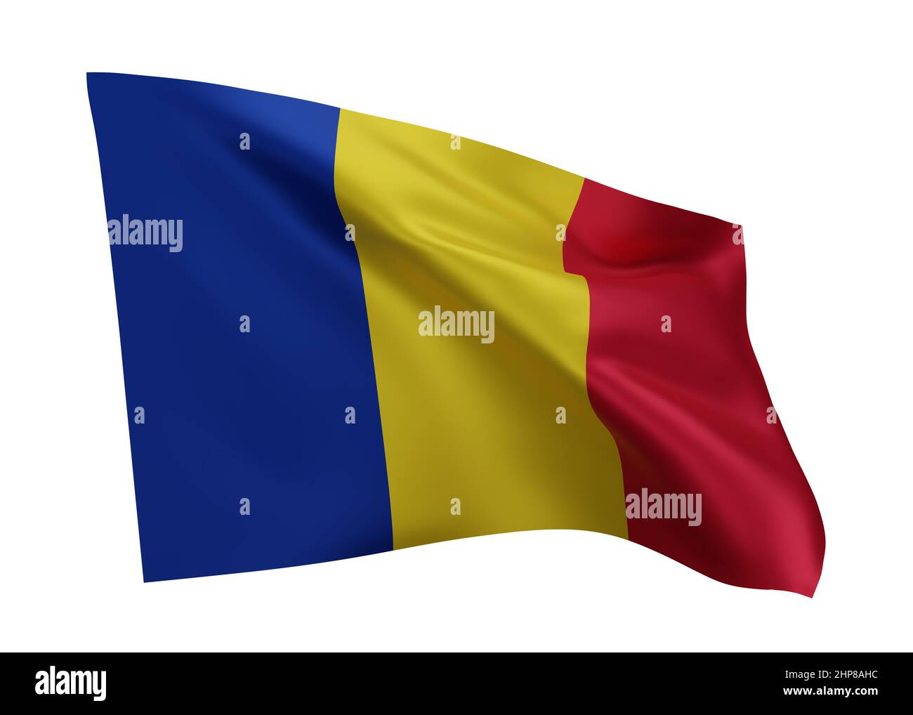 3D Illustration Flagge von Rumänien. Rumänische hochauflösende Flagge vor weißem Hintergrund isoliert. 3D Rendern Stockfoto