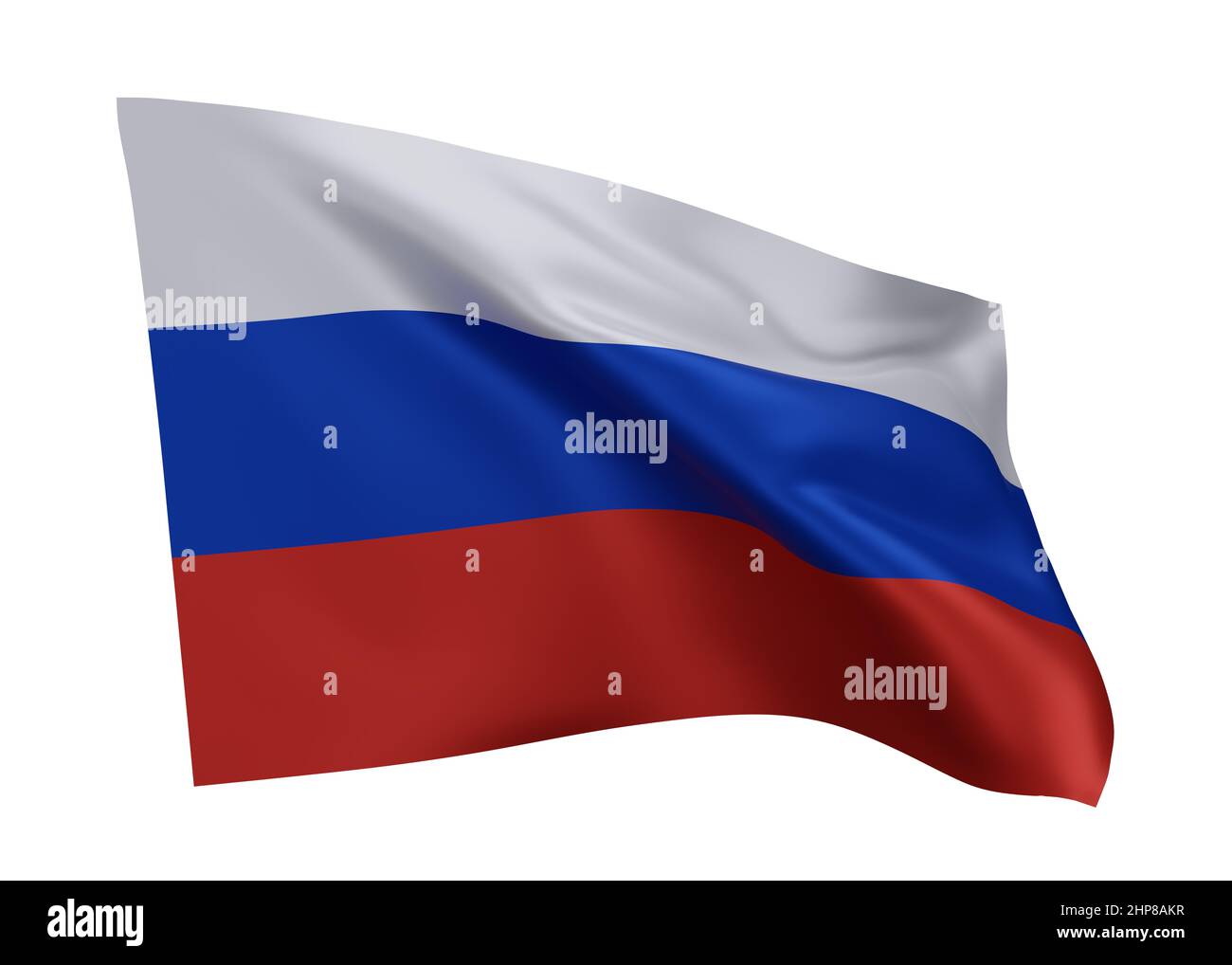 3D Abbildung Flagge von Russland. Russische hochauflösende Flagge vor weißem Hintergrund isoliert. 3D Rendern Stockfoto