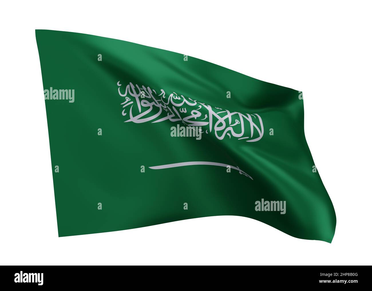 3D Illustration Flagge von Saudi-Arabien. Saudi-Arabien hochauflösende Flagge isoliert vor weißem Hintergrund. 3D Rendern Stockfoto