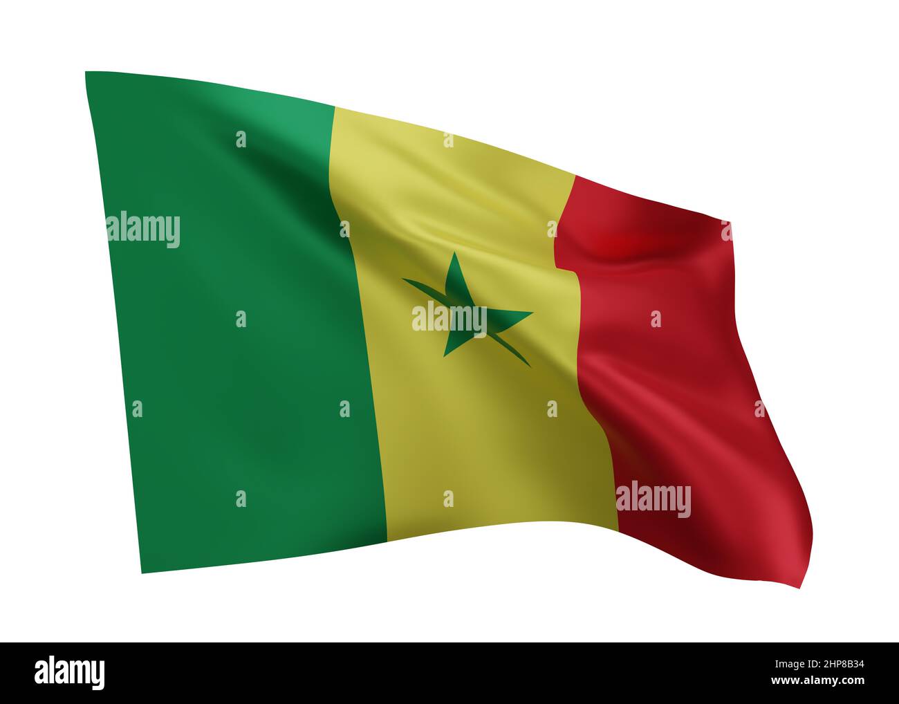 3D Illustration Flagge von Senegal. Senegalesische hochauflösende Flagge vor weißem Hintergrund isoliert. 3D Rendern Stockfoto