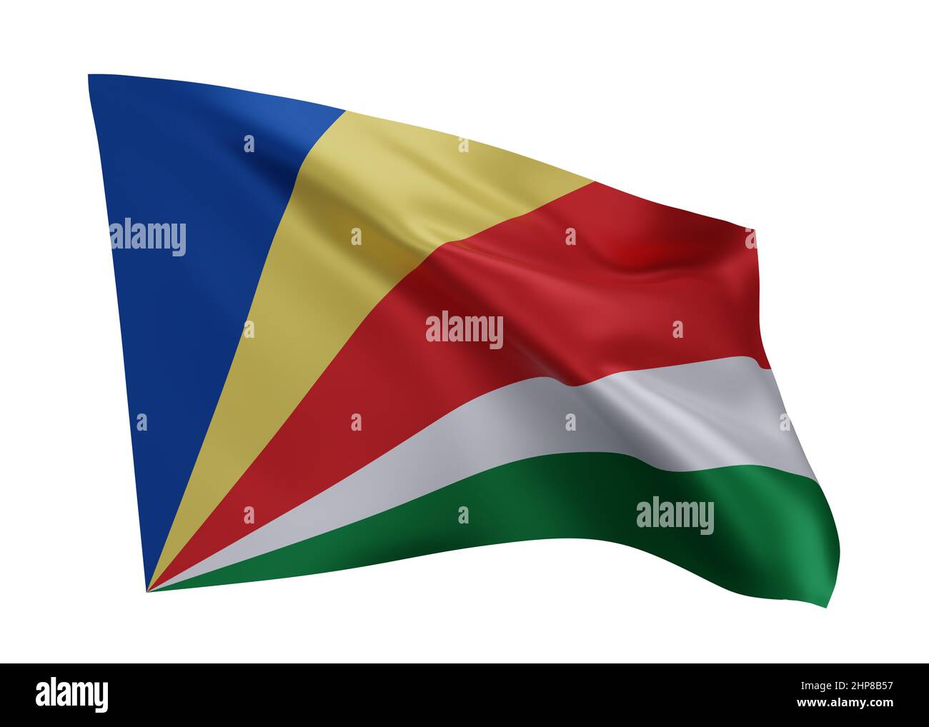 3D Illustration Flagge der Seychellen. Seychellen hochauflösende Flagge vor weißem Hintergrund isoliert. 3D Rendern Stockfoto